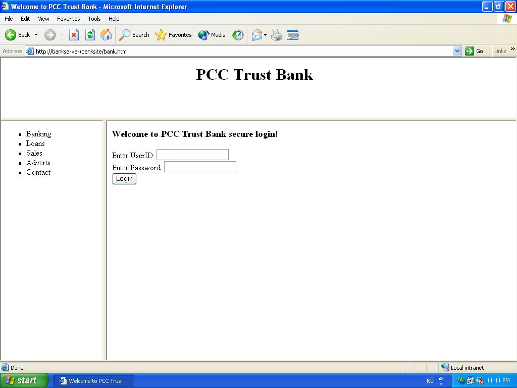 Screenshot of Internet Explorer opening the trusted Banksite