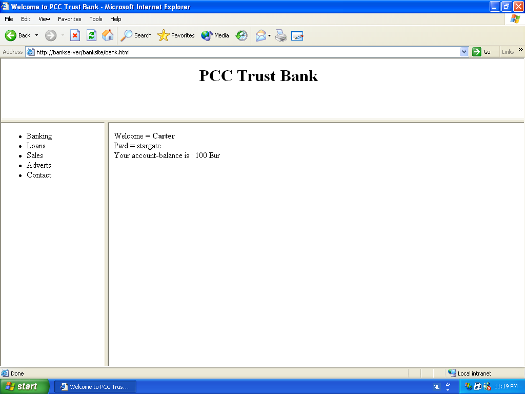 Screenshot of Internet Explorer opening the trusted Banksite